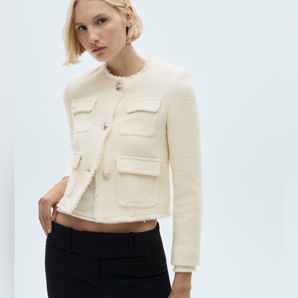 NEW Mango MNG Tweed jacket with pockets, Ivory, Size  S